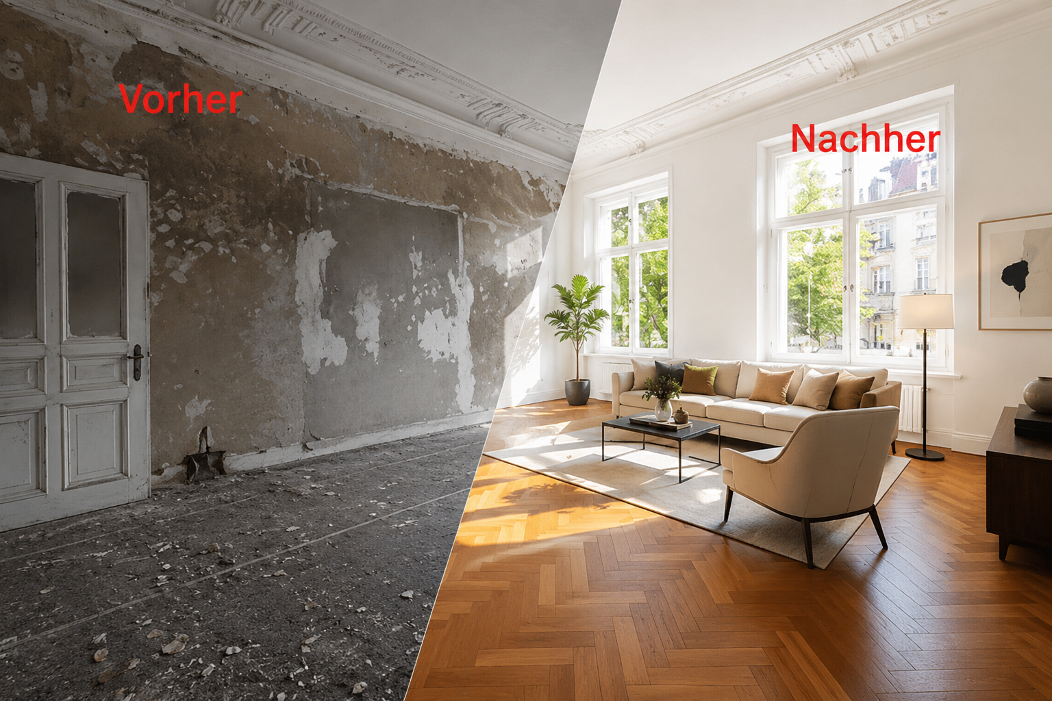 Sanierter Altbau-Wohnraum im Vorher-Nachher-Vergleich: Rohputz und Schutt vor der Sanierung, fertiger Parkettboden nach der Übergabe