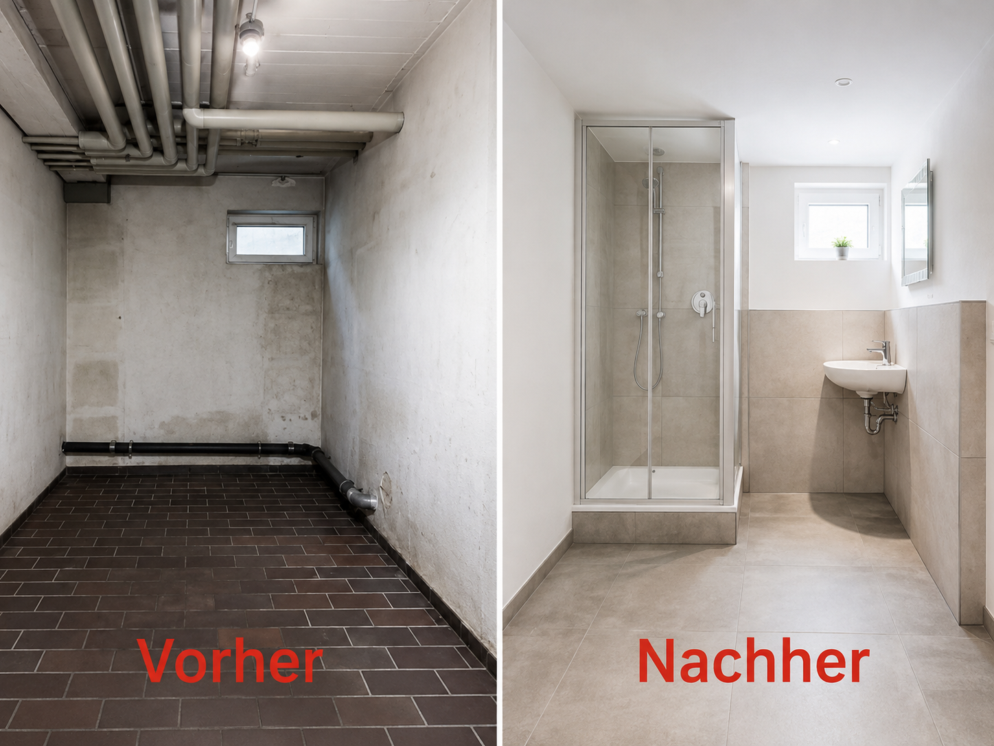 Kellerraum im Vorher-Nachher-Vergleich: Rohbeton mit offenen Leitungen vor der Sanierung, fertiges Duschbad nach der Sanierung